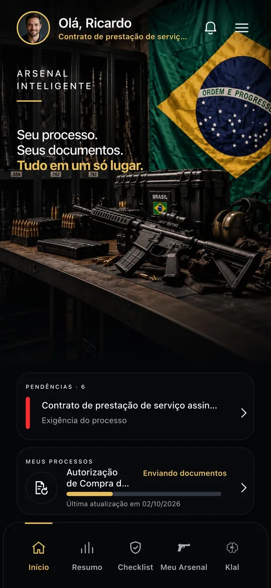 O Arsenal Inteligente em uso no celular: início, avisos, resumo do CR, checklist, contratos, documentos, leitura automática, Meu Arsenal, habitualidade, processos, o Klal, novo serviço, configurações e o que vem em breve